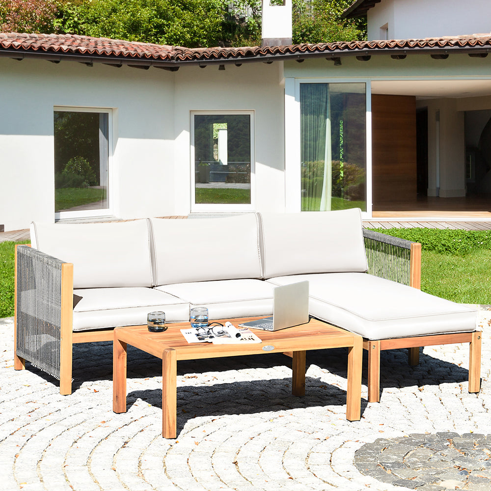 3 Pieces Patio Acacia Wood Sofa Furniture Set with Nylon Rope Armrest-White - Gallery View 1 of 10