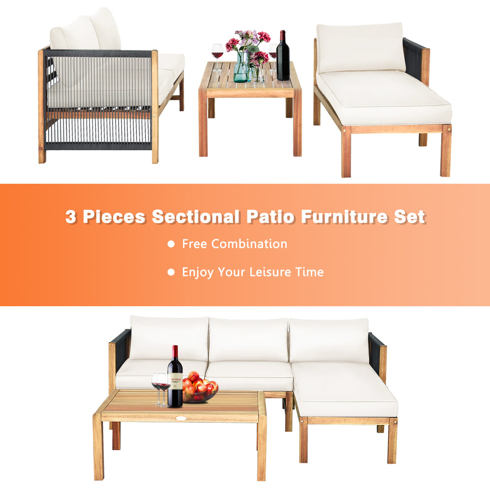 3-piece patio sofa set featuring acacia wood frame and nylon rope armrests, with thick cushions for comfort, ideal for.
