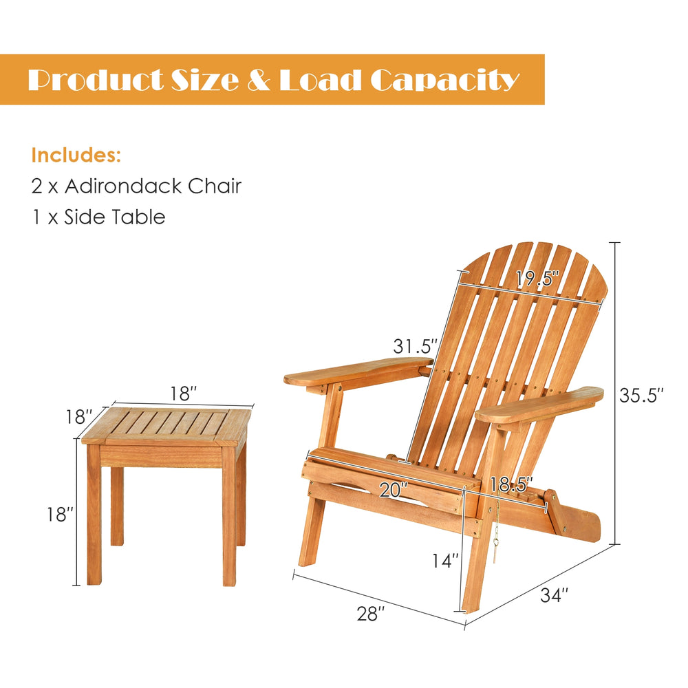 Costway Adirondack Chair Set with Widened Armrests and Side Table New