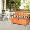 Wooden storage bench in natural teak color with flip-top lid, perfect for patio garden seating and storage.