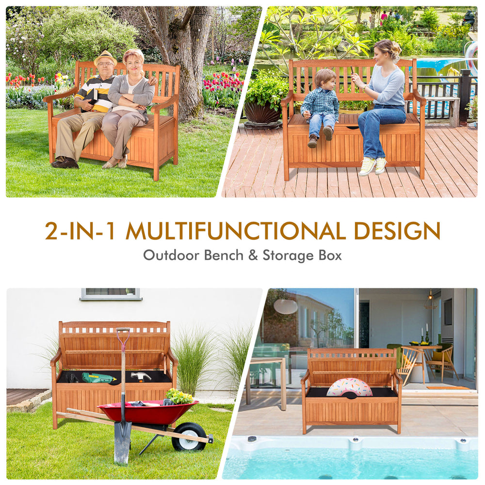 Wooden storage bench with flip-top lid, natural teak color, perfect for patio seating and garden storage.