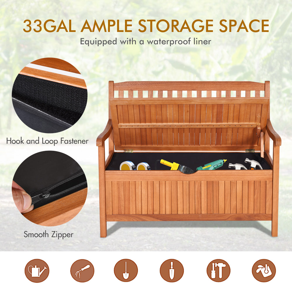 Wooden storage bench with a flip-top lid, featuring a waterproof liner and natural teak color, ideal for patio use.