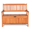 Wooden storage bench with a flip-top lid, made of eucalyptus, featuring a natural teak color for patio or garden use.