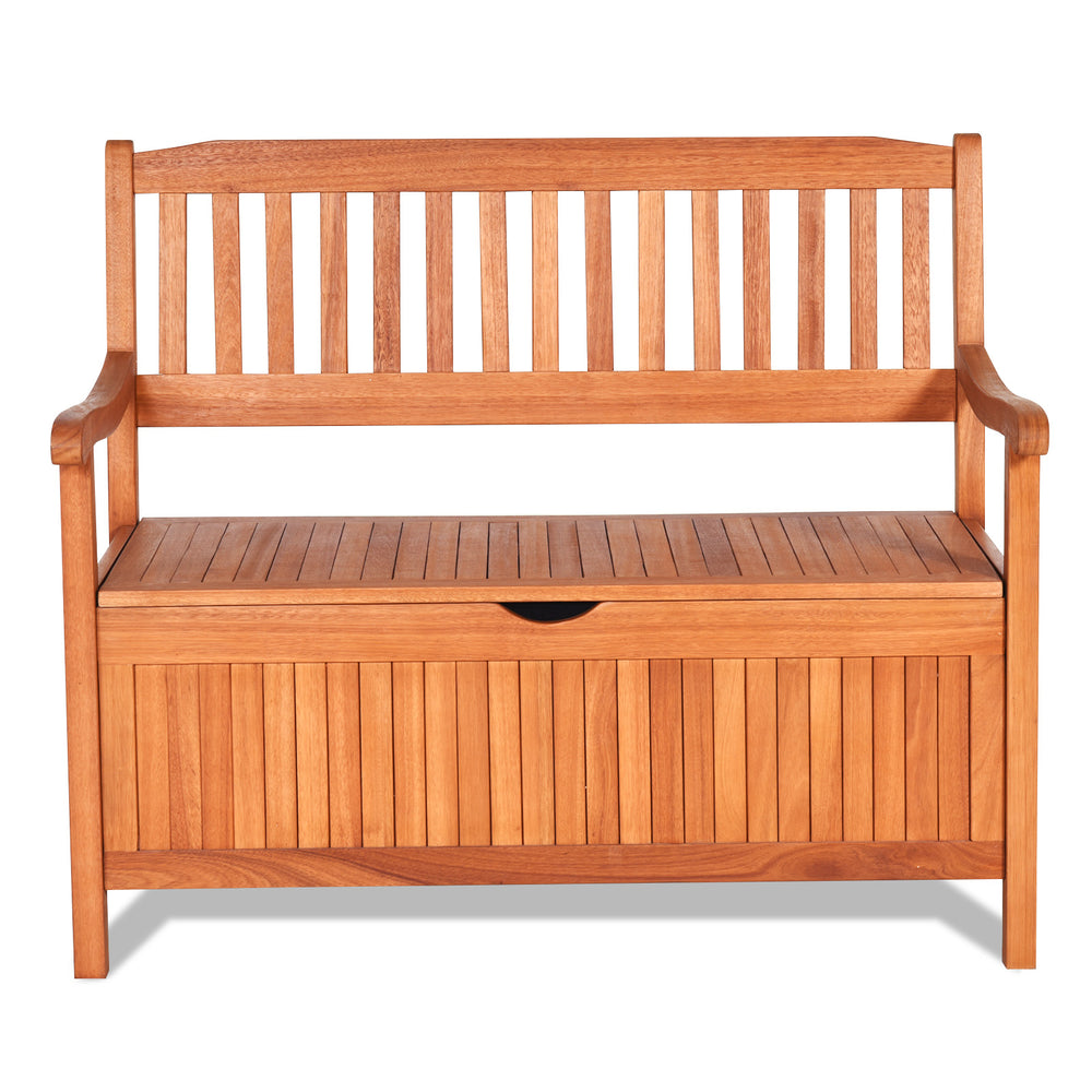 Wooden storage bench with a flip-top lid, made of eucalyptus, featuring a natural teak color for patio or garden use.