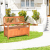 33-gallon wooden storage bench with a slightly sloping backrest, ideal for comfortable outdoor seating and storage.