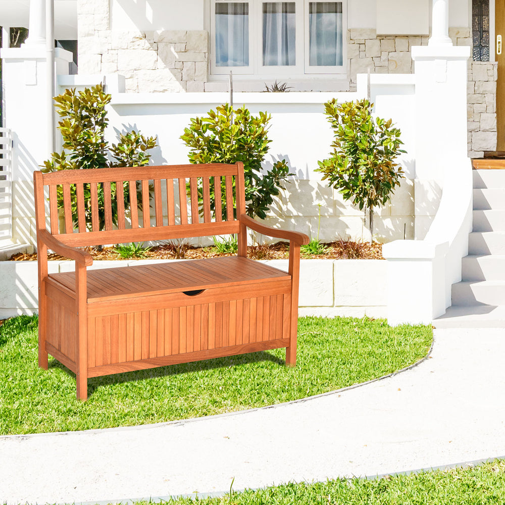 33-gallon wooden storage bench with a slightly sloping backrest, ideal for comfortable outdoor seating and storage.