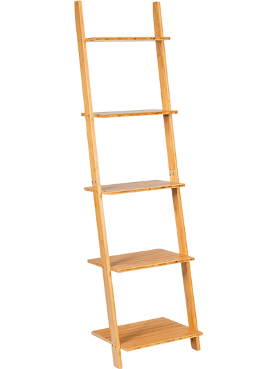 Costway 5-Tier Modern Bamboo Ladder Bookshelf Wall-Leaning Display 64398251 New