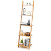 5-tier bamboo wall-leaning bookshelf with open storage, ideal for small spaces in living room or bedroom.
