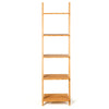 5-tier bamboo wall-leaning bookshelf with open shelves, ideal for space-saving storage in living rooms or bedrooms.