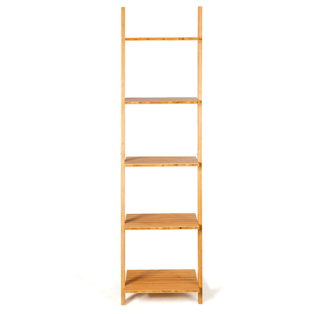 5-tier bamboo wall-leaning bookshelf with open shelves, ideal for space-saving storage in living rooms or bedrooms.