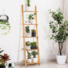 5-tier bamboo wall-leaning bookshelf showcasing plants, ideal for small spaces in living rooms or bedrooms.