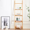 5-tier bamboo wall-leaning bookshelf with open storage shelves, perfect for small spaces in living rooms or bedrooms.