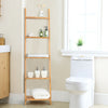 5-tier bamboo wall-leaning ladder bookshelf for versatile storage in small spaces, ideal for living room or bathroom.