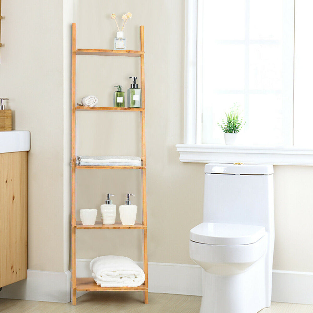 5-tier bamboo wall-leaning ladder bookshelf for versatile storage in small spaces, ideal for living room or bathroom.