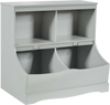 Kids floor cabinet in gray with 2 cubbies and 2 bins, made of durable MDF, perfect for organizing toys and books.