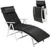 Adjustable black folding chaise lounge chair with removable pillow, ergonomic backrest, perfect for outdoor relaxation.