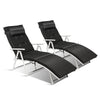 Adjustable black folding chaise lounge chairs with removable pillows, perfect for outdoor relaxation and easy storage.