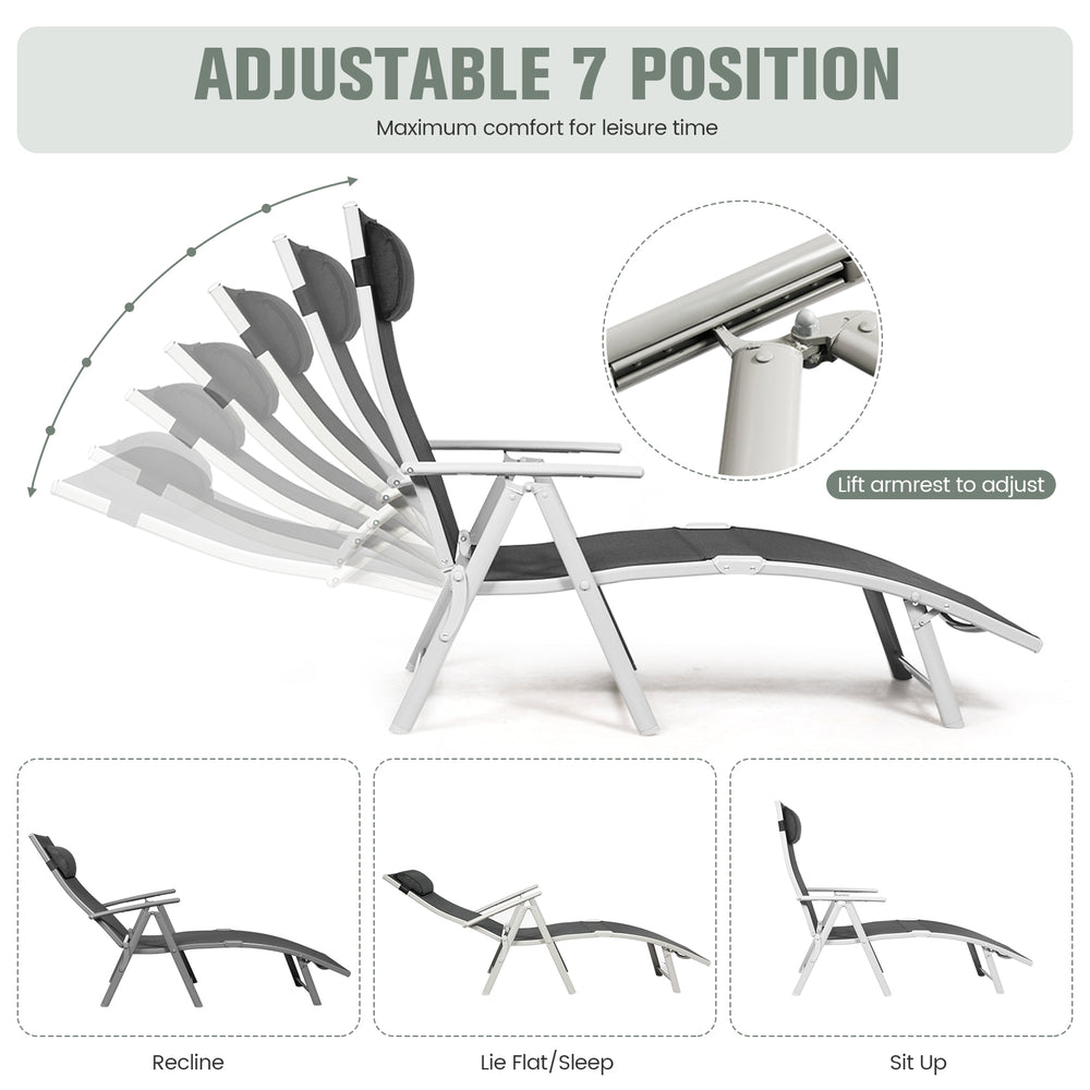Adjustable outdoor chaise lounge chair in black with removable pillow, featuring 7 reclining positions for comfort.