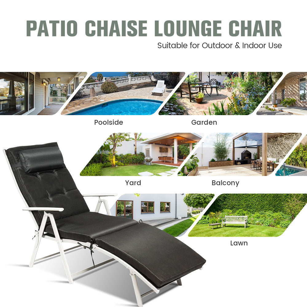 Adjustable black folding chaise lounge chair with removable pillow, perfect for outdoor and indoor relaxation.