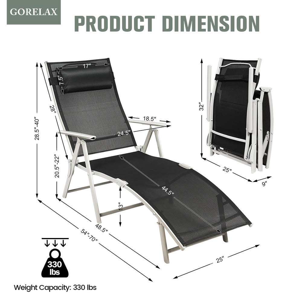 Adjustable black folding chaise lounge chair with removable pillow, ergonomic backrest, and durable steel frame for.