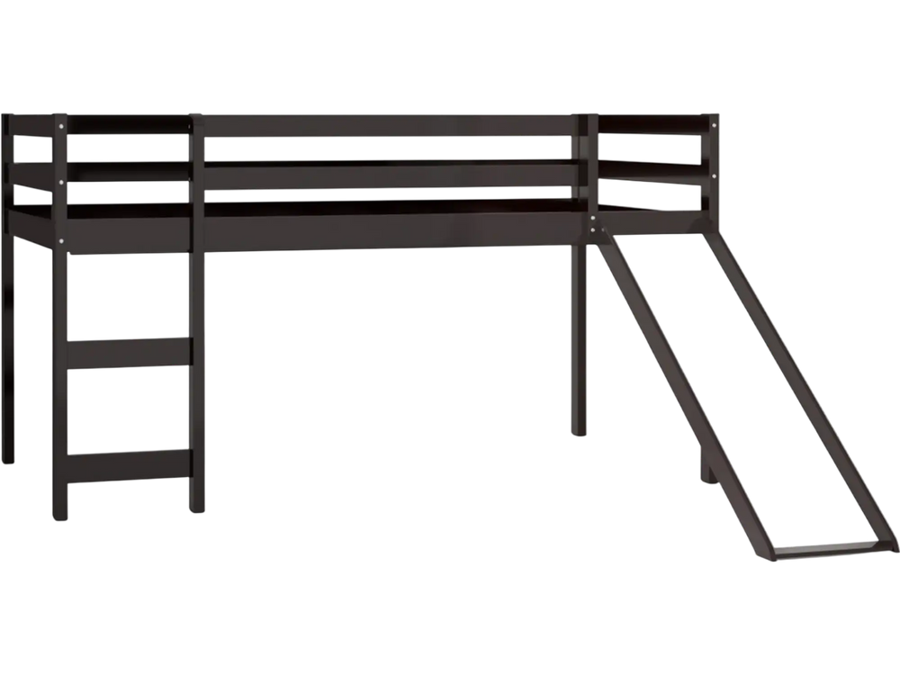 Twin size low sturdy loft bed in dark brown with slide and ladder, designed for safety and space-saving in children's.