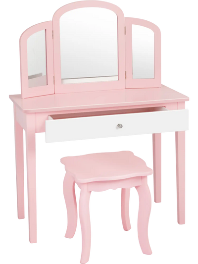 Costway Kids Princess Makeup Vanity Table w/ Tri-Fold Mirror & Chair 79280654 New