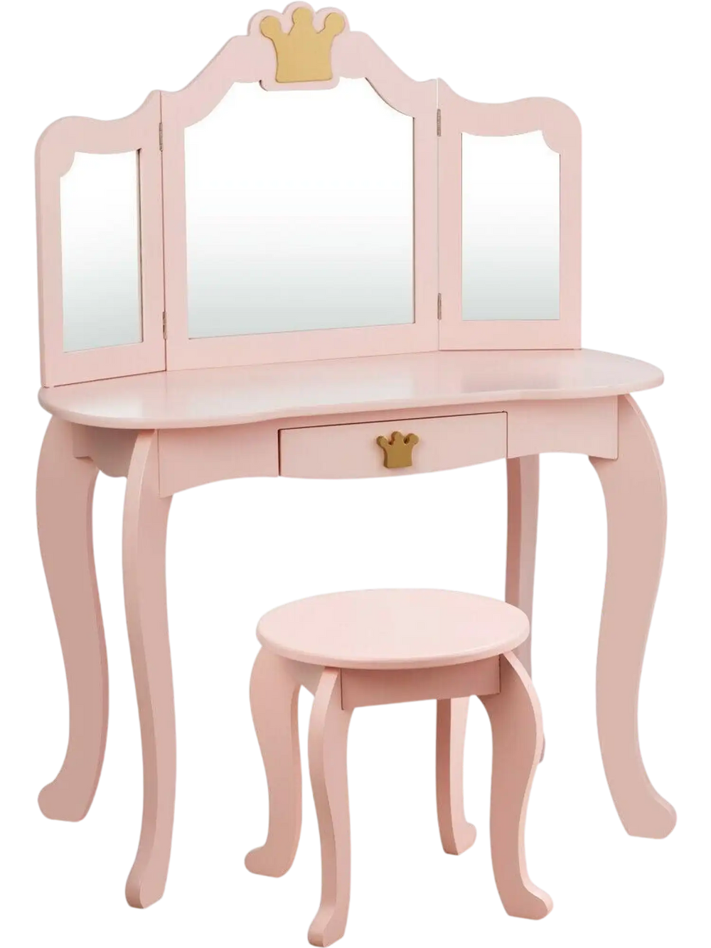 Kids makeup dressing table in pink with tri-folding mirror, sturdy MDF, and a drawer for storage, perfect for a child's.