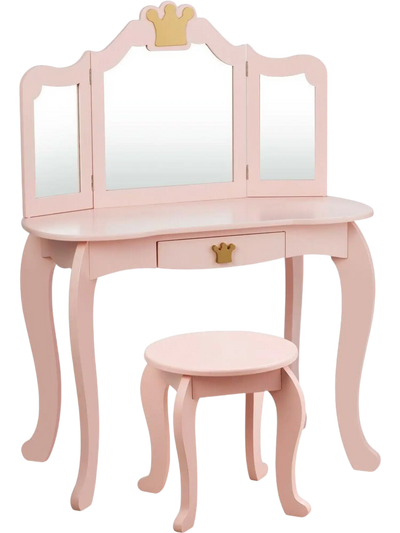 Costway Kids Vanity Dressing Table Tri-Fold Mirror Stool 07345892 New