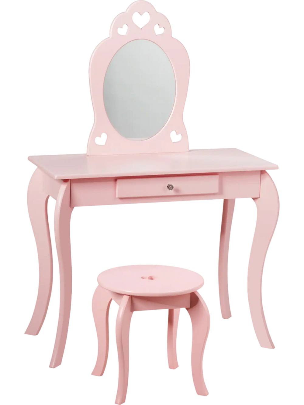 Kids pink makeup dressing table set with mirror, sturdy MDF and pine wood, perfect for bedroom or playroom use.