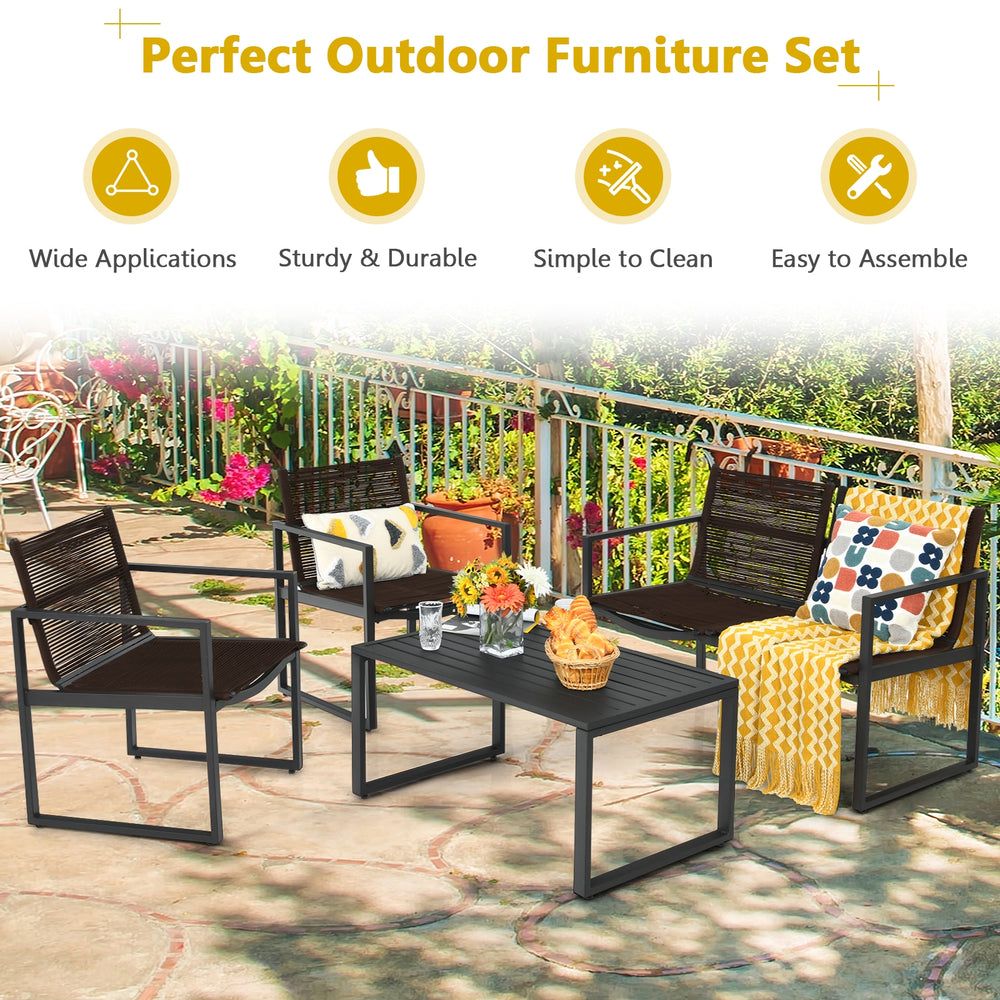 4-piece patio furniture conversation set featuring a loveseat, chairs, and table, made of durable steel and polyester.