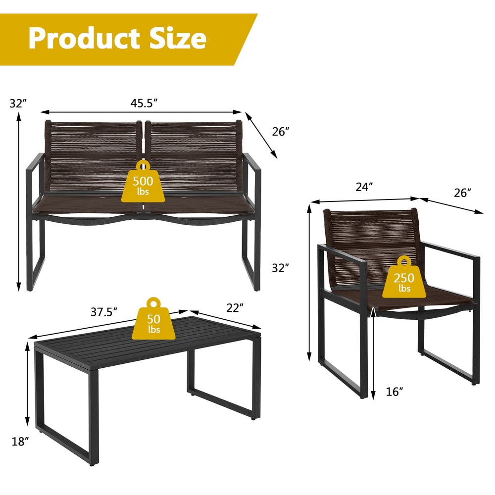 Patio furniture size chart showing dimensions for loveseat, chair, and table of the 4-piece conversation set.