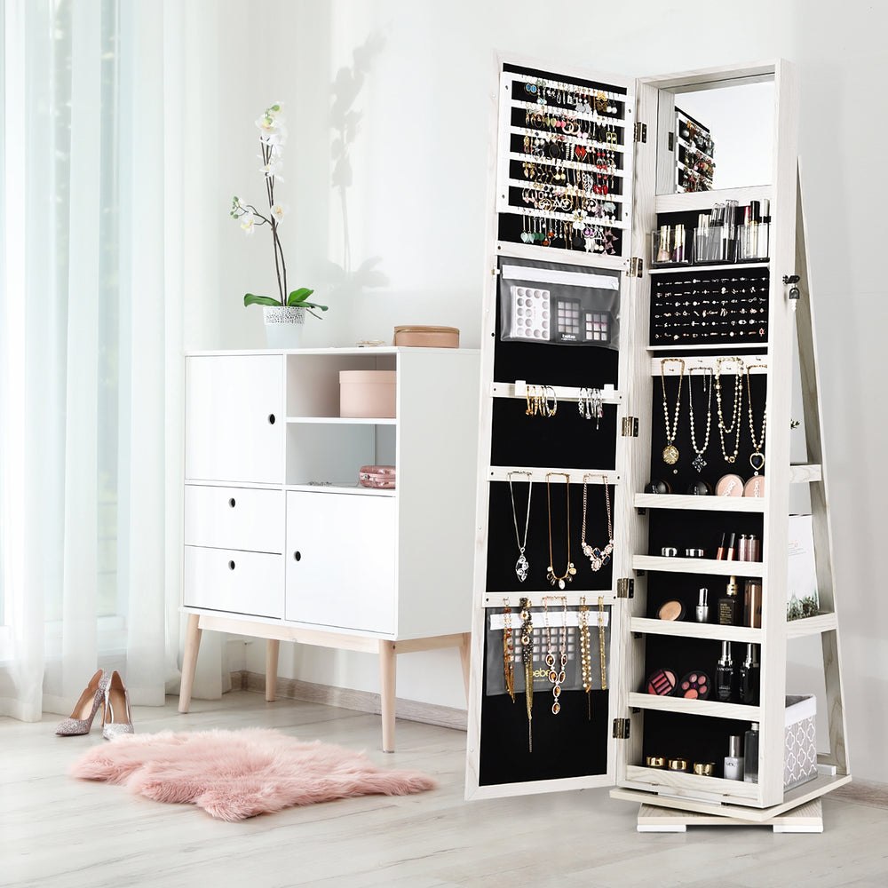 360° Rotatable 2-in-1 Lockable Jewelry Cabinet with Full-Length Mirror-White - Gallery View 1 of 13