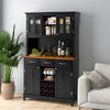 Black kitchen storage cabinet with wine rack, adjustable shelves, and drawers for organized dining room or kitchen use.