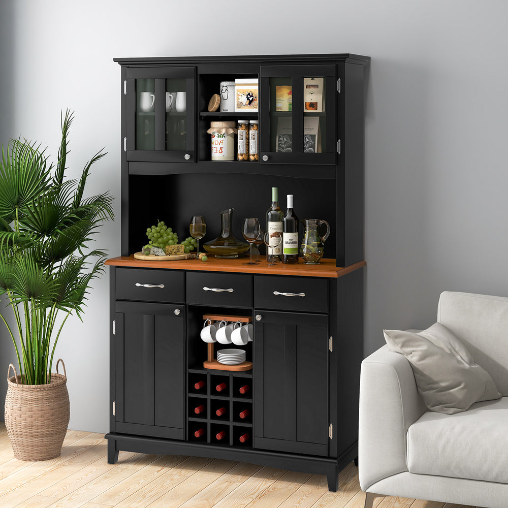 Black kitchen storage cabinet with wine rack, adjustable shelves, and drawers for organized dining room or kitchen use.