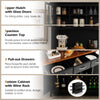 Kitchen storage cabinet in black featuring a wine rack, glass doors, and three pull-out drawers for versatile.