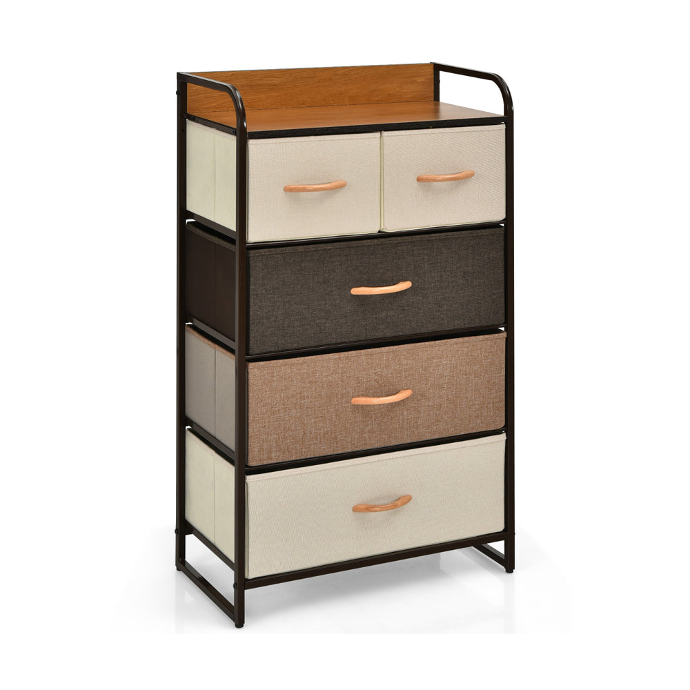 4-tier organizer tower with a steel frame, wooden top, and 5 fabric drawers for versatile storage in any room.