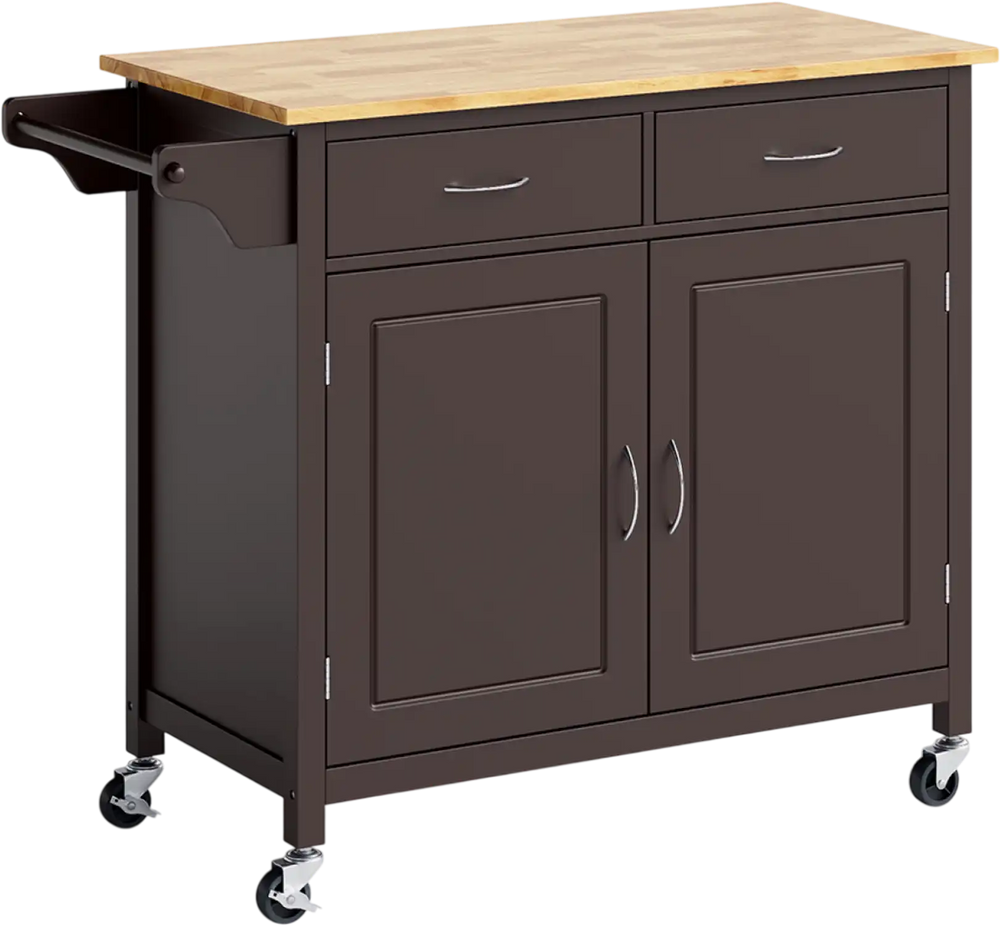 Modern rolling kitchen cart in brown with wooden top, featuring two drawers and enclosed cabinet for extra storage.