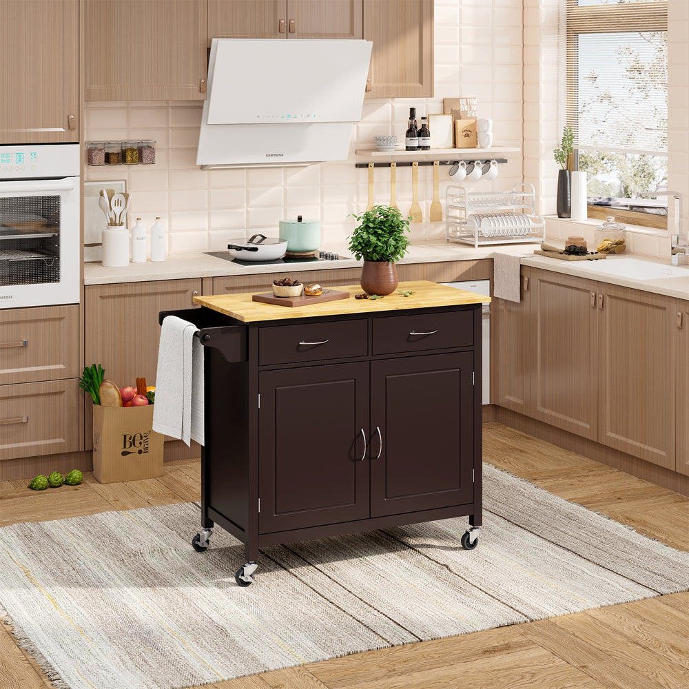 Modern rolling kitchen cart island in brown with wooden top, featuring storage drawers and wheels for easy mobility.