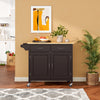 Modern rolling kitchen cart island in brown with wooden top, featuring storage cabinets and wheels for easy mobility.