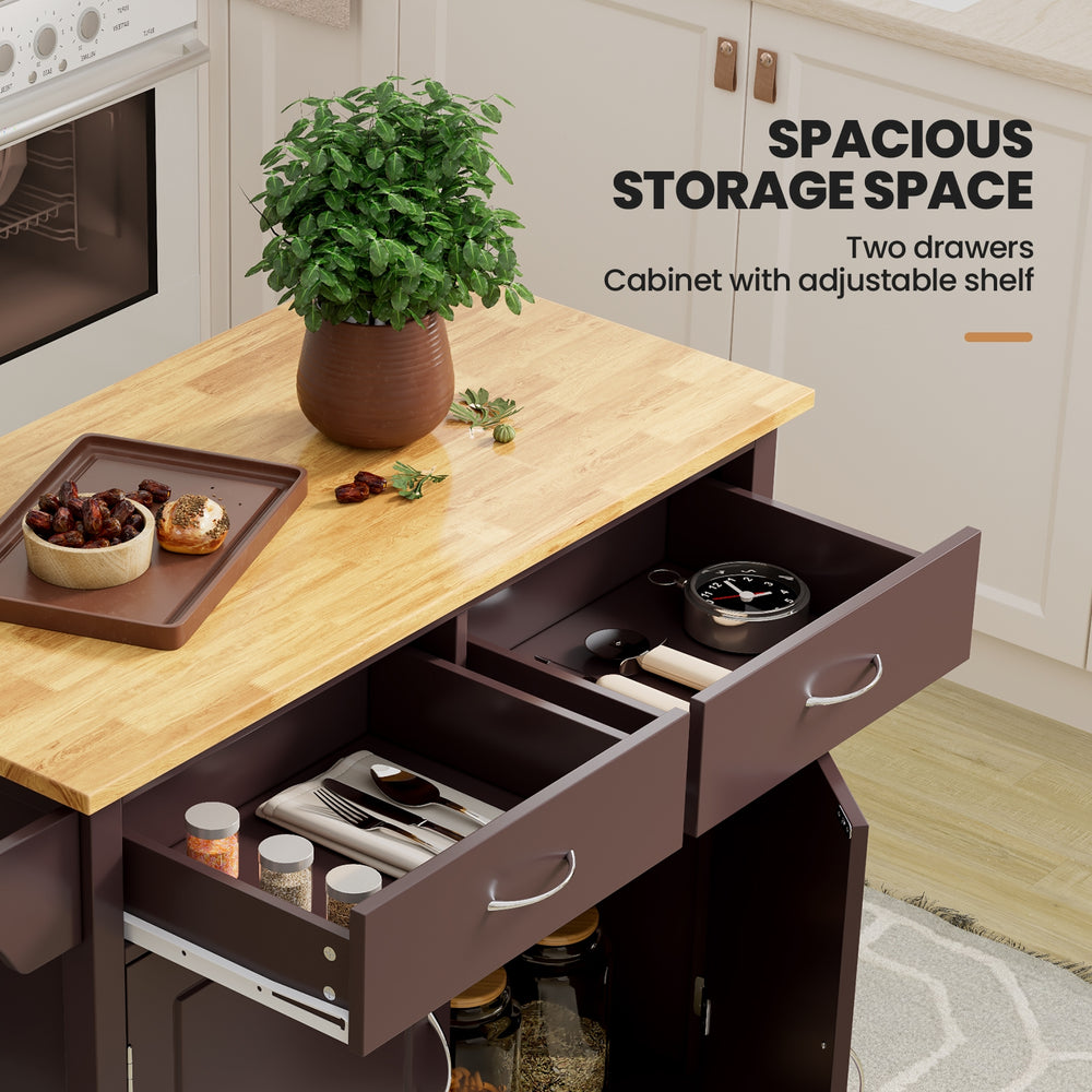 Modern rolling kitchen cart with wooden top, featuring two drawers and adjustable shelf for spacious storage.