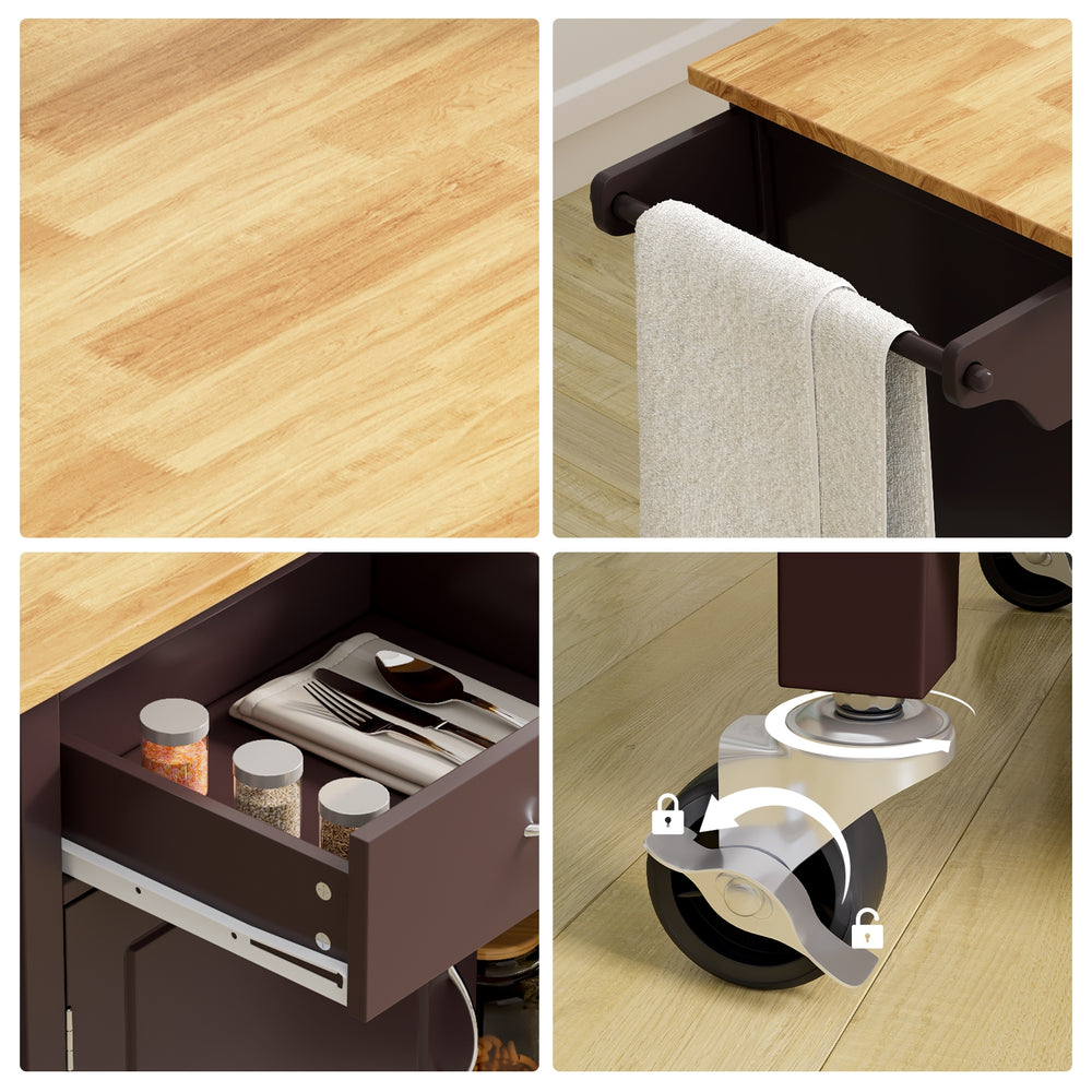 Close-up of the Modern Rolling Kitchen Cart's wooden top and slide-out drawer, featuring durable rubber wood and MDF.