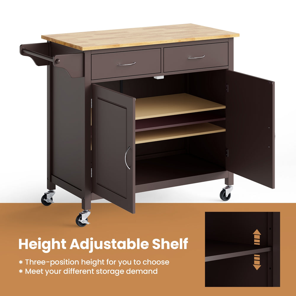 Modern rolling kitchen cart with a wooden top, featuring adjustable shelf, two drawers, and four casters for easy.