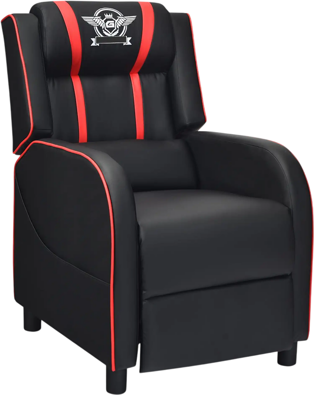 Massage racing gaming single recliner chair in black and red, featuring adjustable backrest and electric lumbar massage.