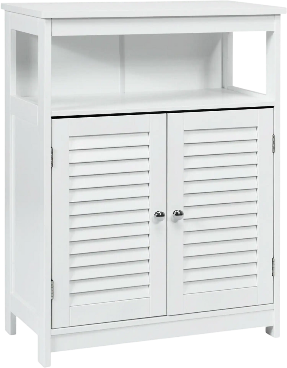 White wood bathroom storage cabinet with a spacious adjustable inner shelf and sturdy double shutter doors for stylish.