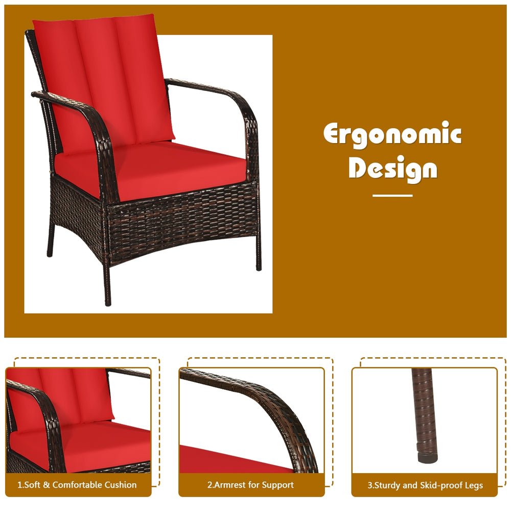 Red cushioned rattan chair with curved armrests, part of a 3 pcs patio furniture set for outdoor relaxation.