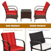 3-piece patio rattan furniture set with red cushions and glass top coffee table, ideal for outdoor relaxation.