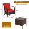 Red cushioned rattan chair and glass top coffee table from a 3 pcs patio furniture set, perfect for outdoor relaxation.