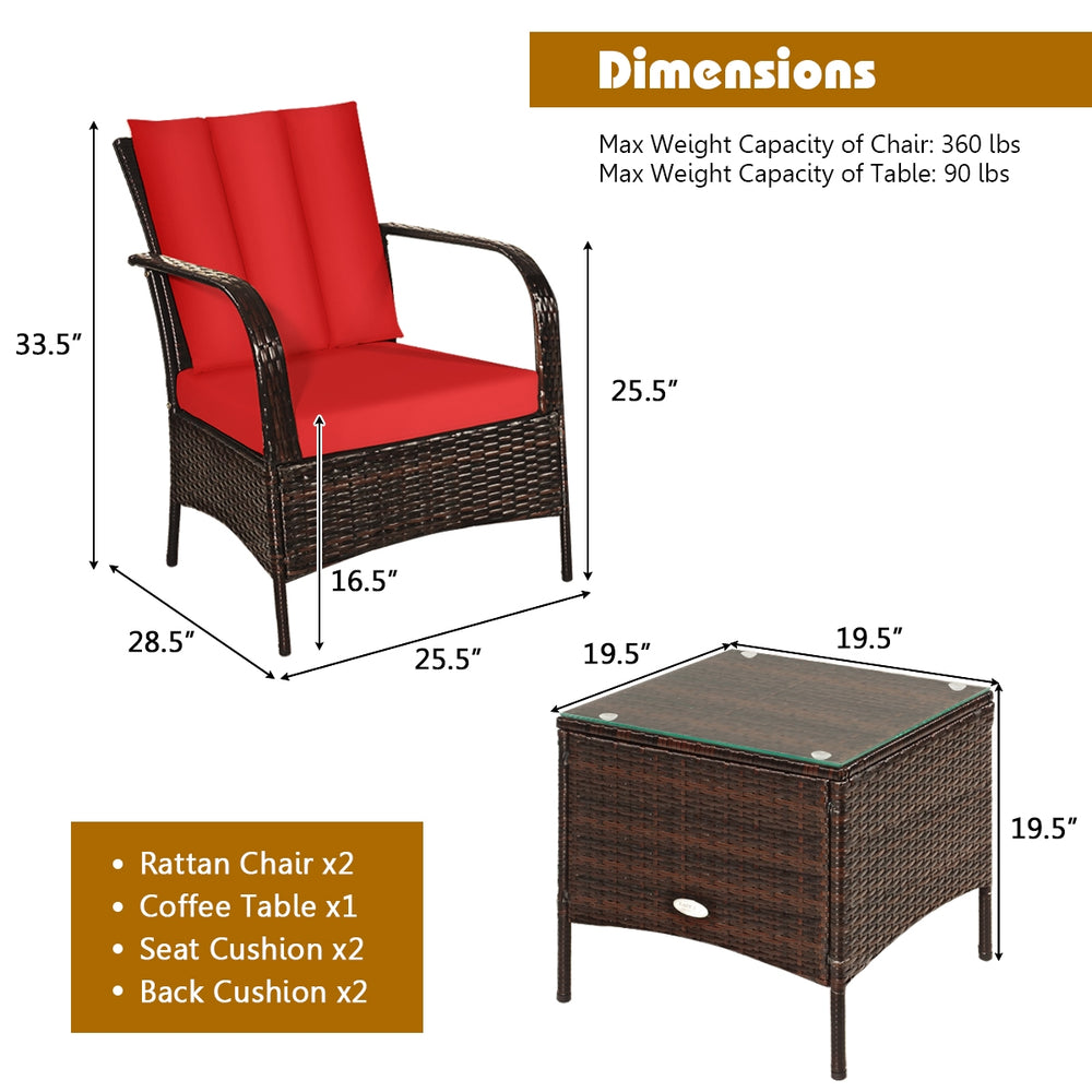 Red cushioned rattan chair and glass top coffee table from a 3 pcs patio furniture set, perfect for outdoor relaxation.
