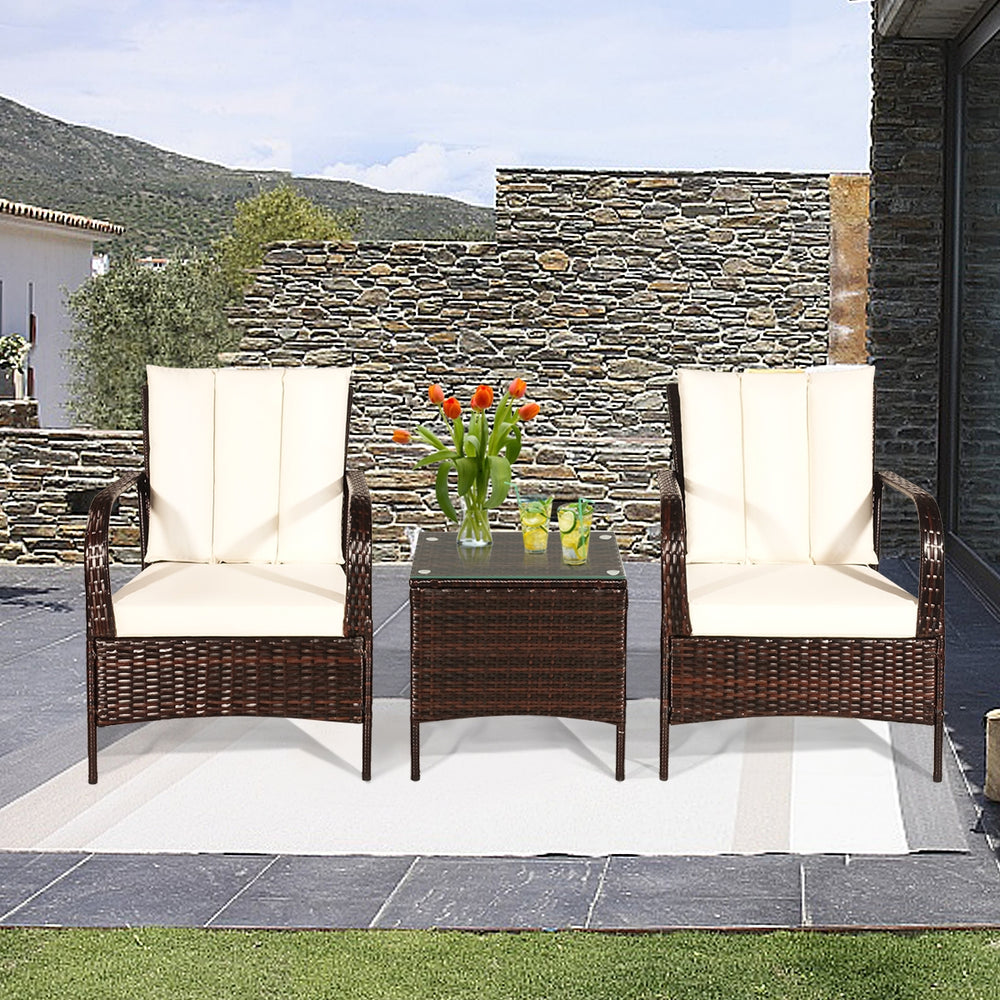 3 Pcs Patio Conversation Rattan Furniture Set with Glass Top Coffee Table and Cushions-White - Gallery View 1 of 12