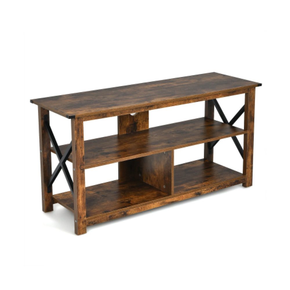 Brown 3-tier wood TV stand featuring a wide tabletop and partitioned shelf, perfect for displaying and organizing items.